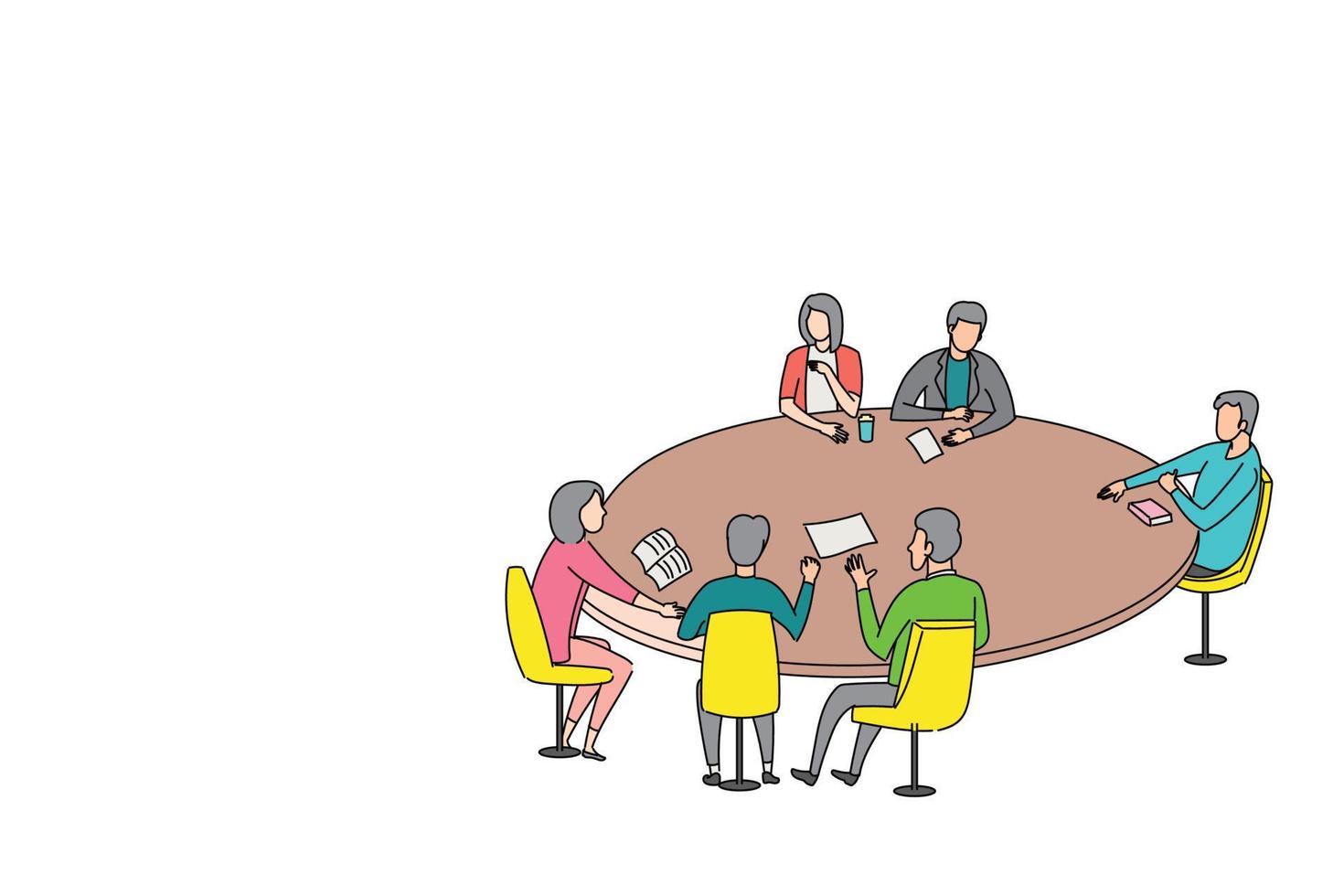 round table business discussion between co-worker. Flat design illustration. vector