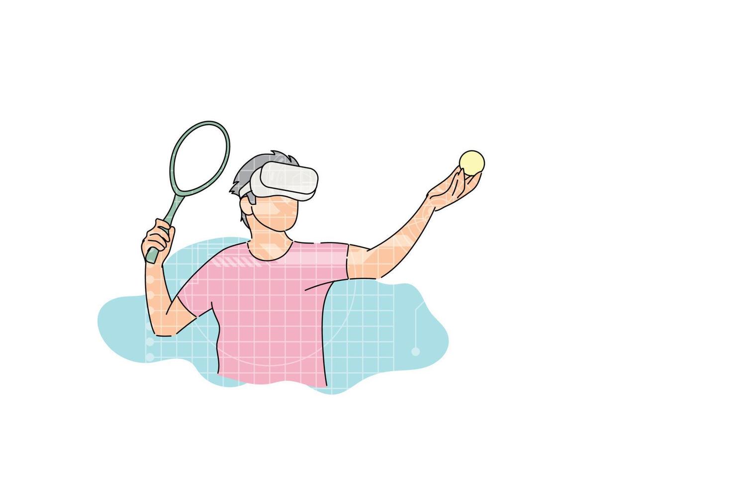 Young man ready to serve in VR tennis game. Vector illustration design
