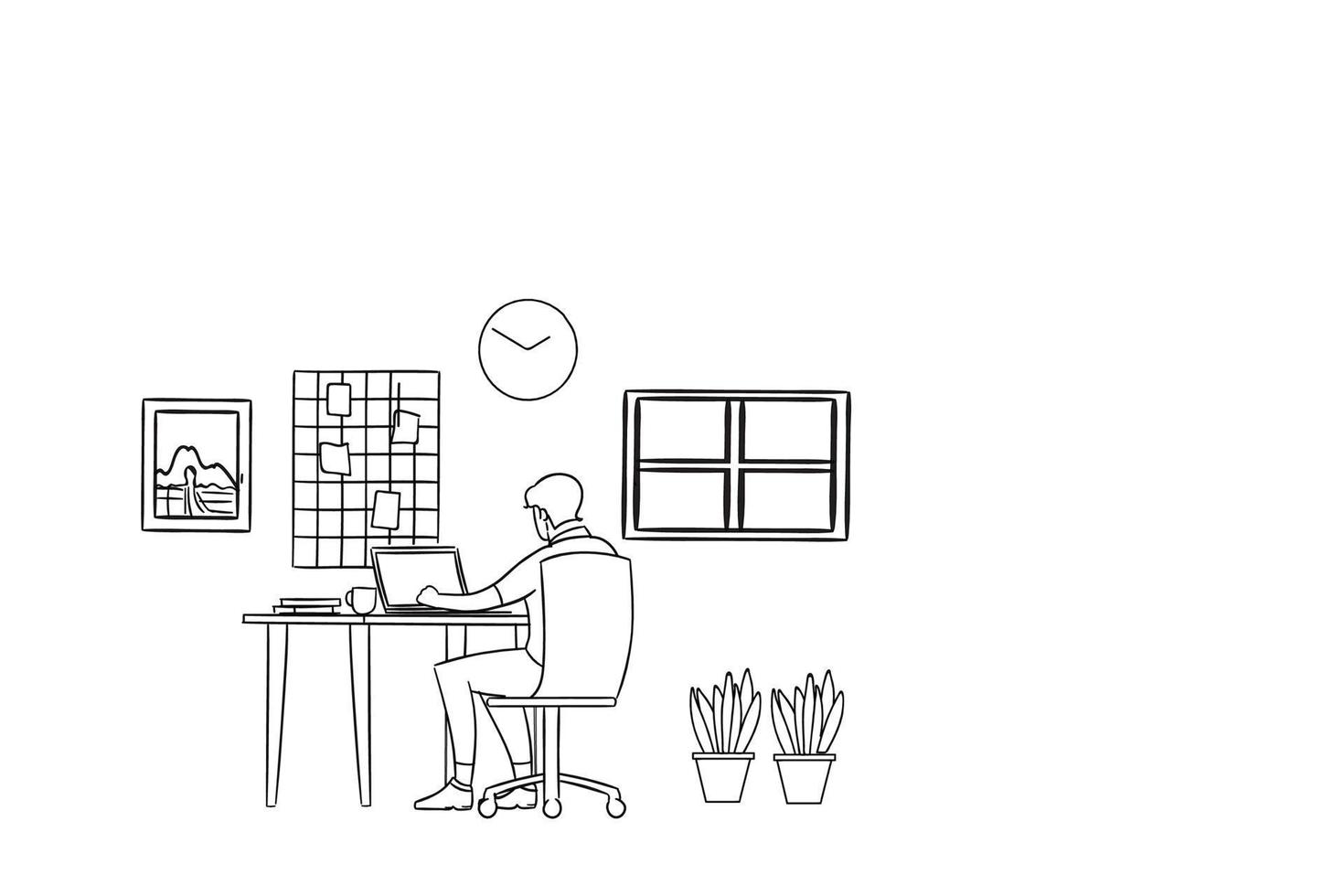 trabajo desde el concepto de hogar. dibujado a mano de una acogedora ilustración de diseño de espacio de trabajo. vector