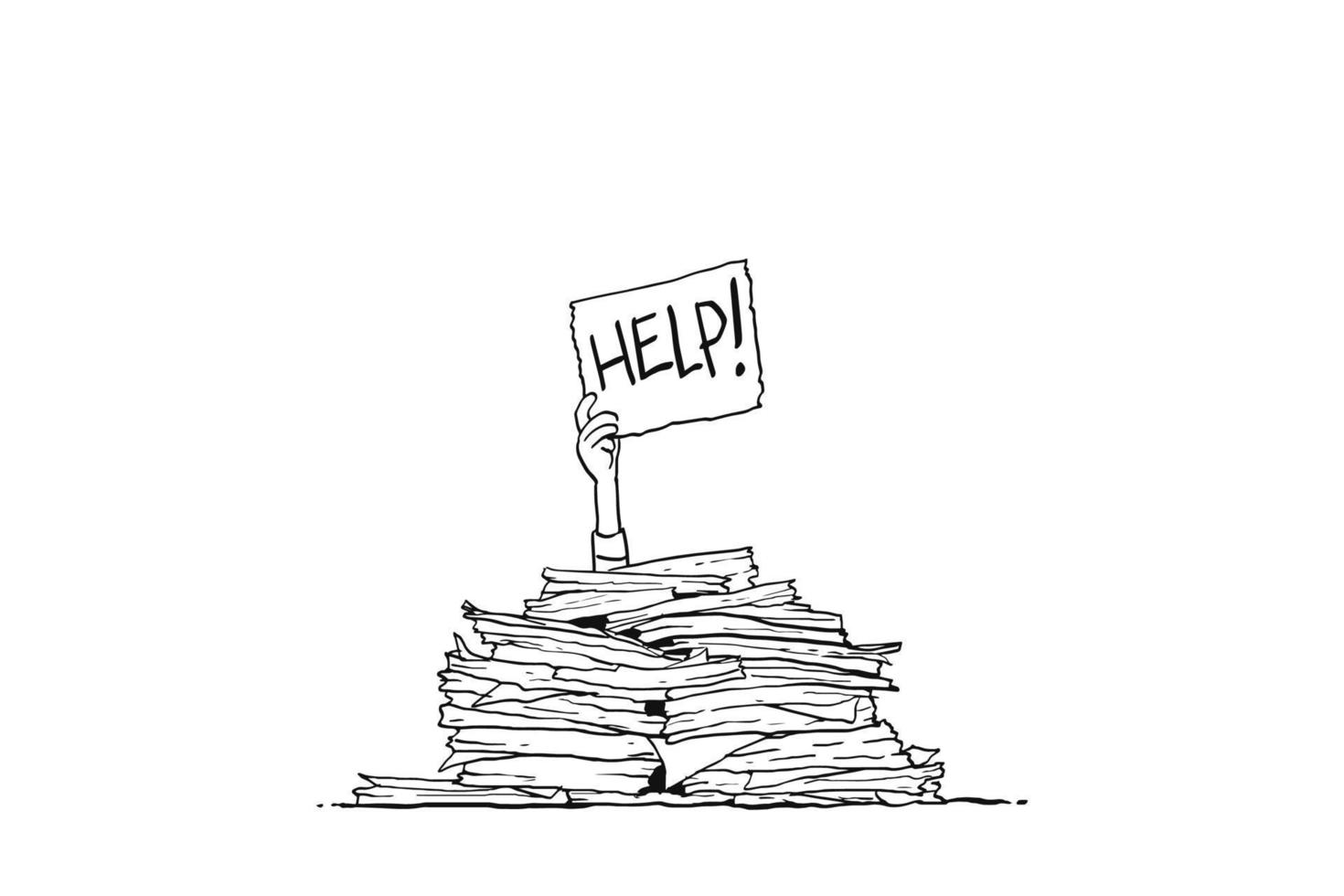 Person burried by tons of document files holding HELP sign. Concept of bureaucracy and paperwork.  Cartoon vector illustration design