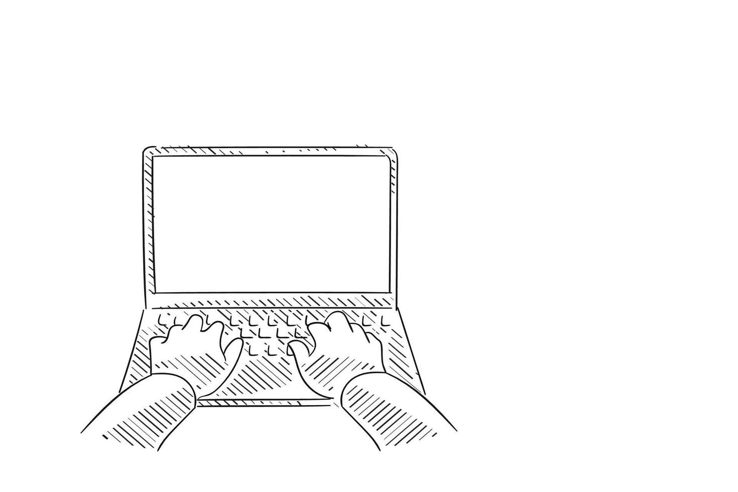 caricatura de un hombre escribiendo en una laptop con pantalla en blanco. boceto dibujado a mano concepto de negocio vector