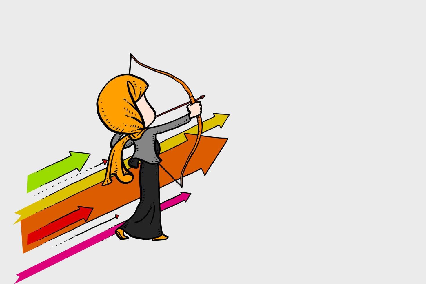 Asian business woman aiming for profit. Concept of target setting. Vector illustration with isolated background