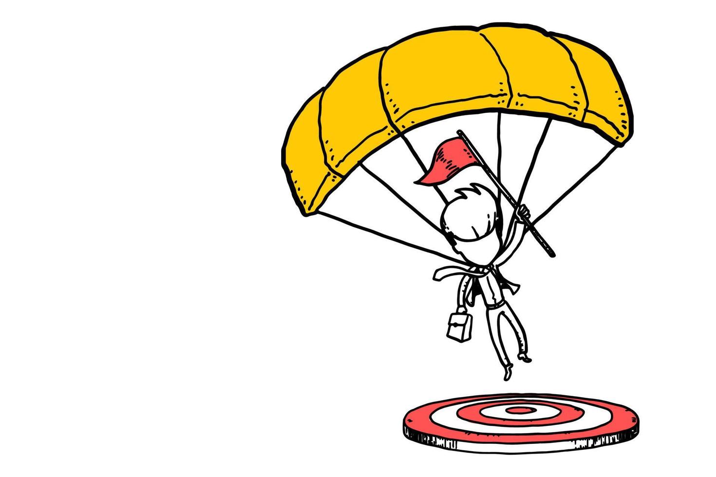 Businessman parachuting and landing on a target. Goal objectives concept. Cartoon vector illustration design