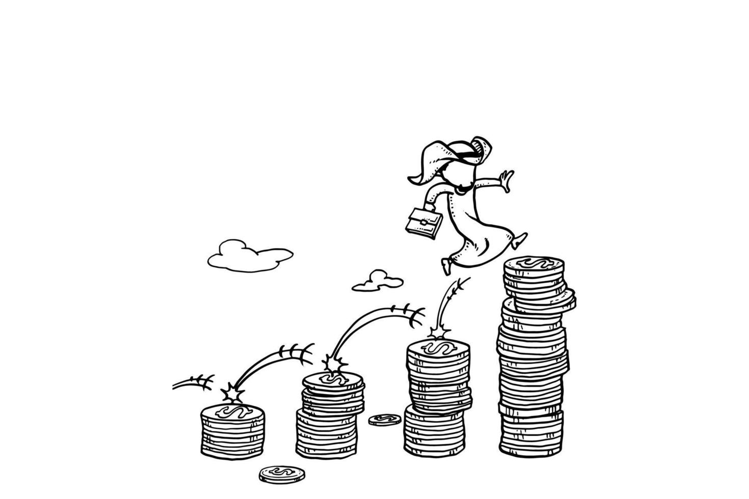 Arab businessman stepping several coin stack. Concept of investment growth. Cartoon vector illustration design on isolated background
