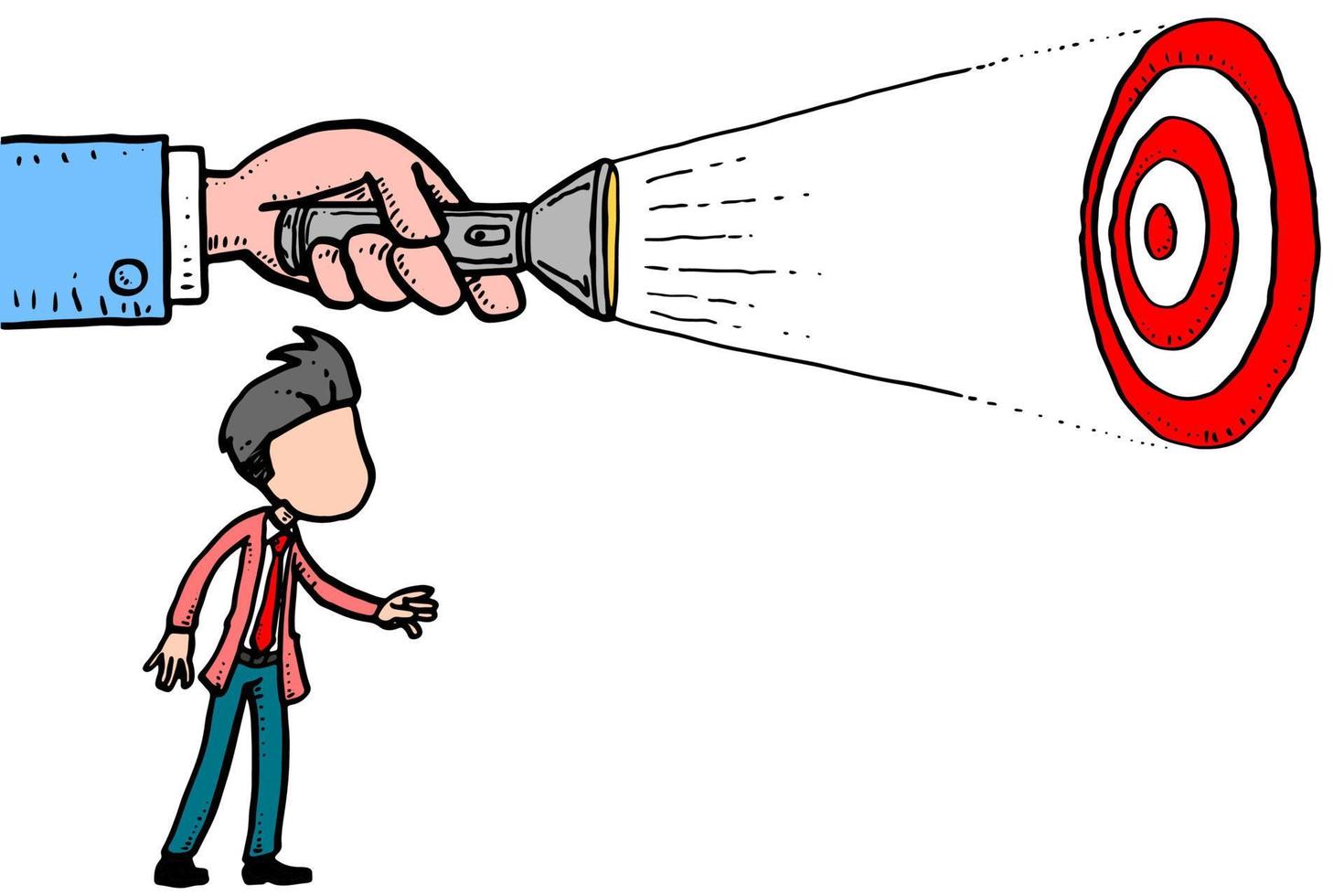 Hand holding a flashlight showing the target. Business concept. Cartoon vector illustration design