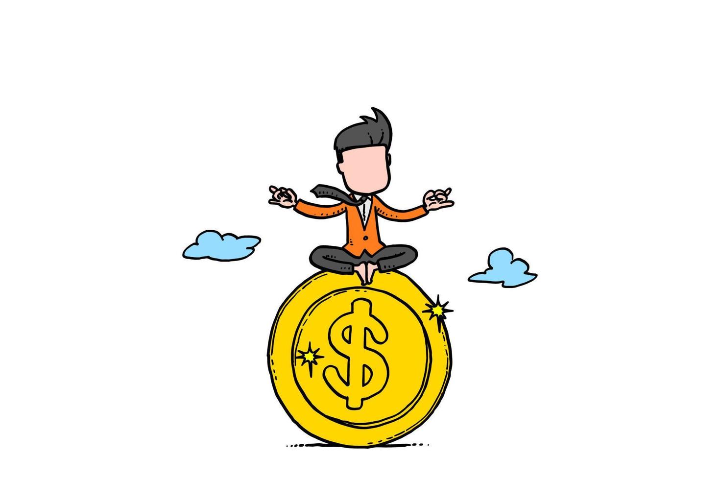 hombre de negocios meditando sobre la moneda de dinero superior. concepto de ingresos personales y corporativos. caricatura, vector, ilustración, diseño vector