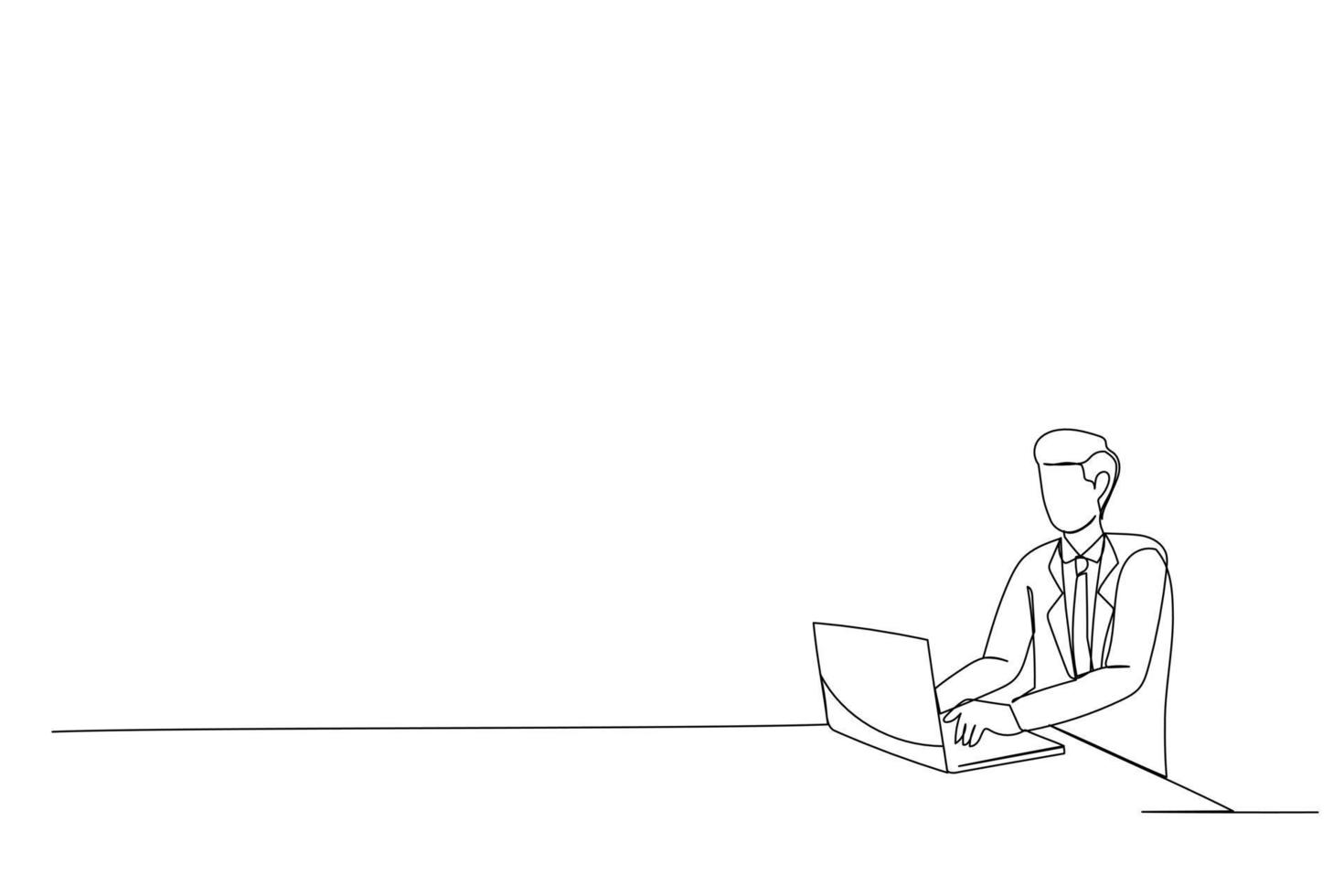 Illustration of young man sitting at his desk in the office searching for news via internet connection. One line design style vector