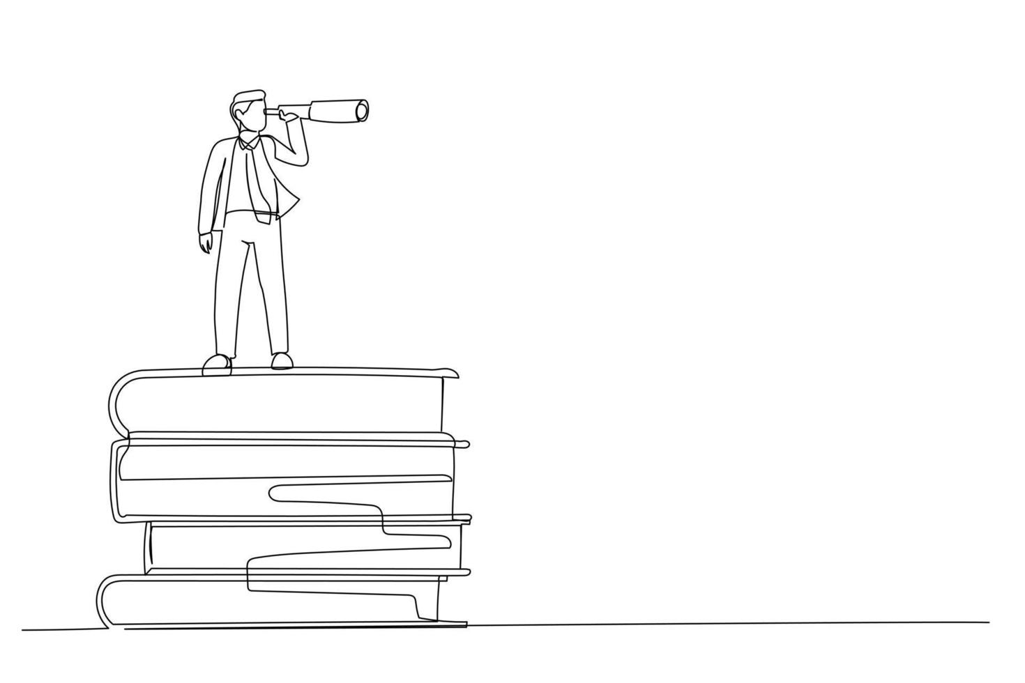 Illustration of businessman on books stack using telescope for good vision. Knowledge or education for future job and personal improvement concept, . One line art style vector