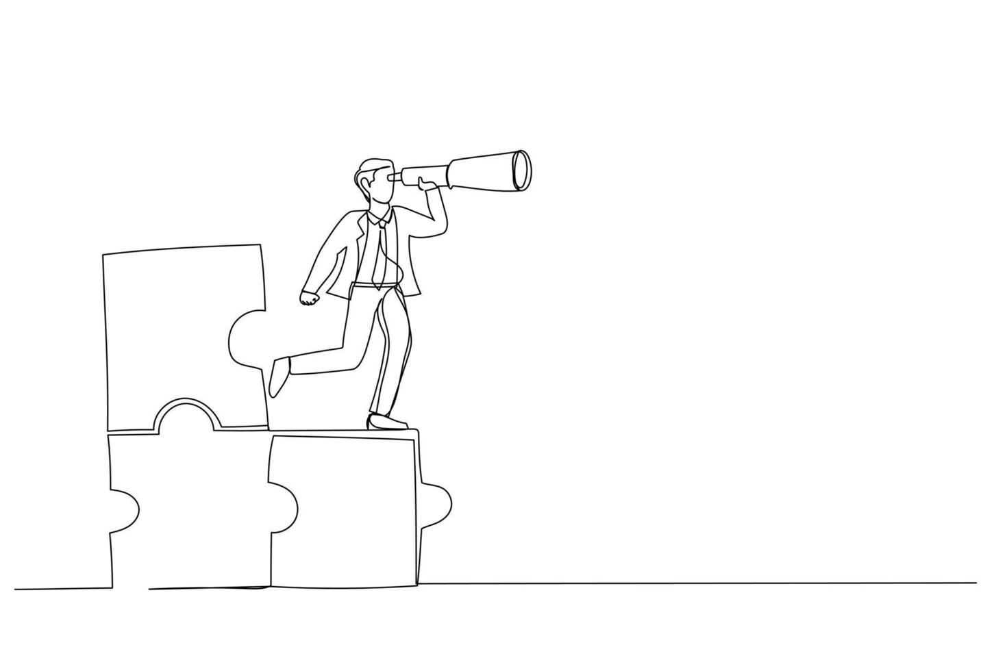 Drawing of businessman standing on uncompleted jigsaw looking for missing piece. Finding solution concept. Single line art style vector