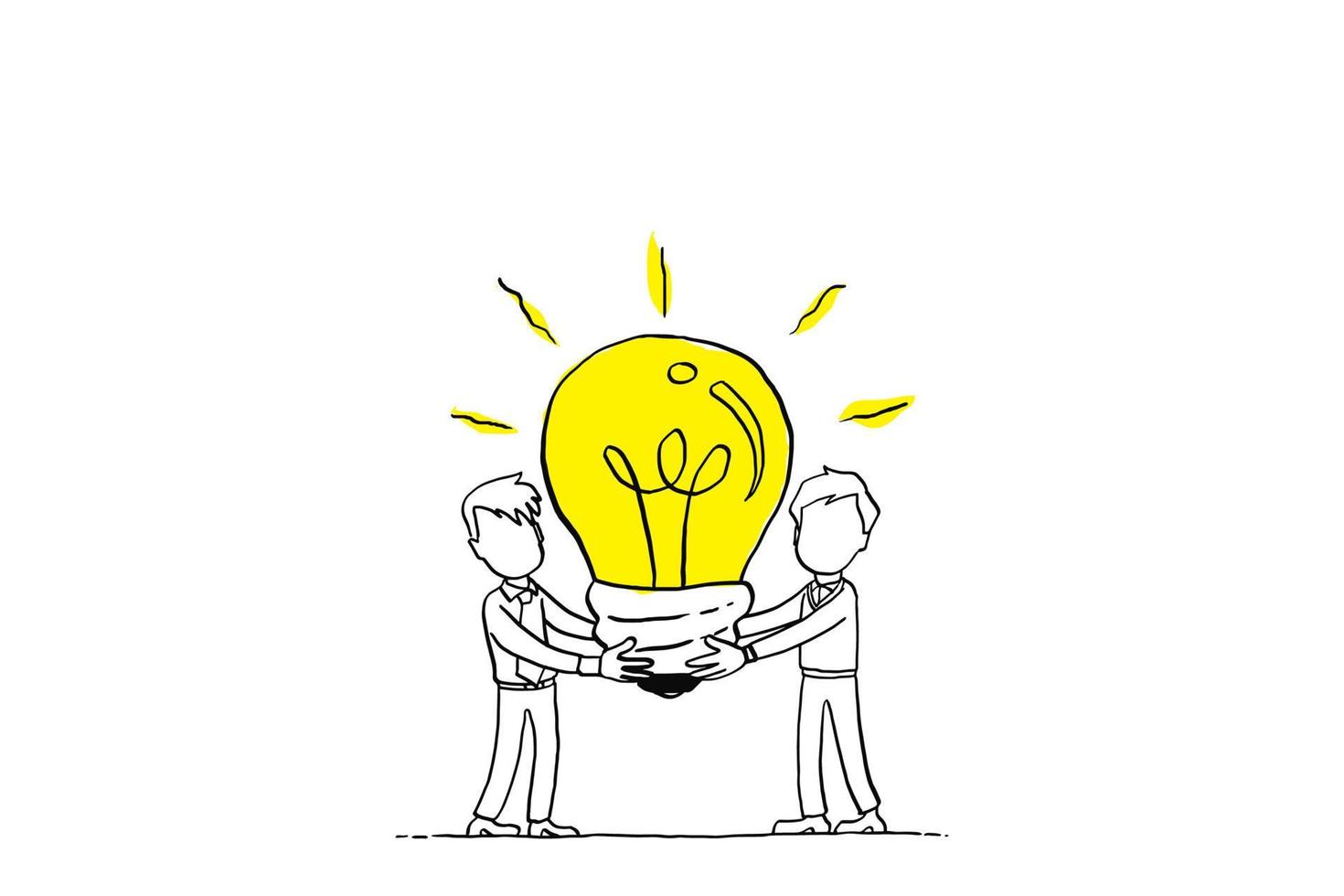 Two person carrying big light bulb. Concept of getting ideas with team. Cartoon vector illustration design