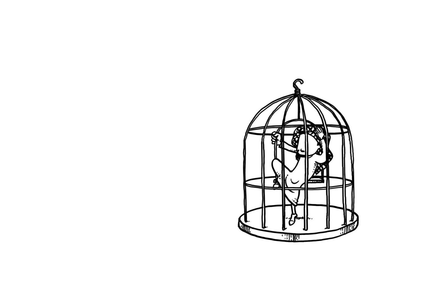 Arab worker locked in cage. Concept of unhappy office life. Cartoon vector illustration design