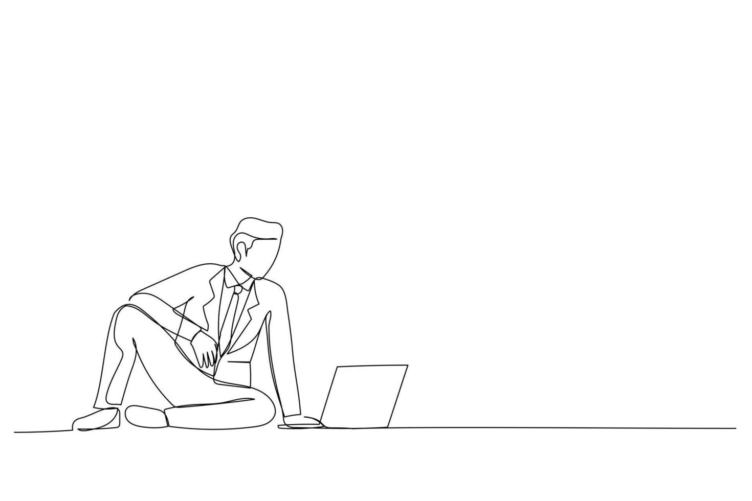 Single line drawing of attractive cheerful guy sitting using laptop watching tutorial isolated over white background vector