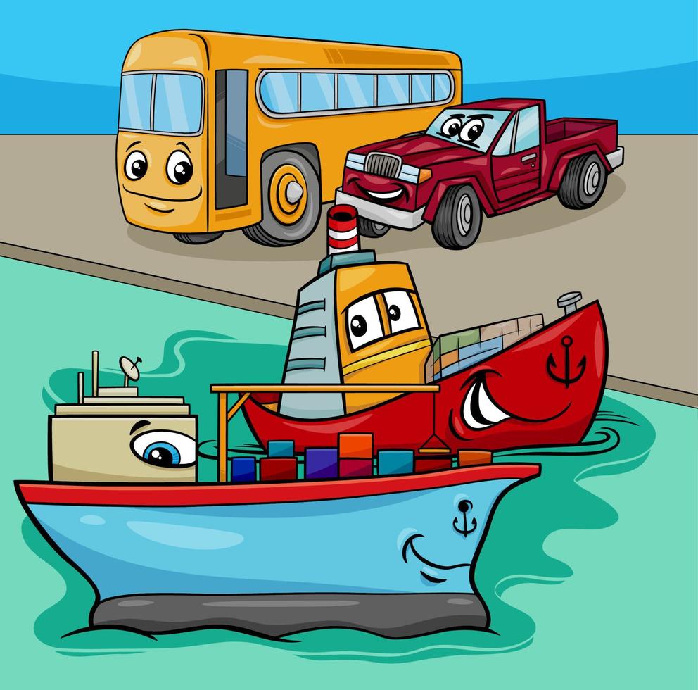 ilustración de dibujos animados de grupo de barcos y vehículos terrestres vector