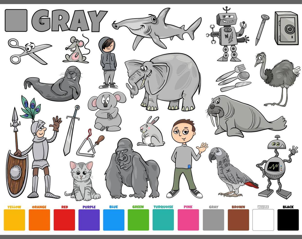 set with cartoon characters and objects in gray vector