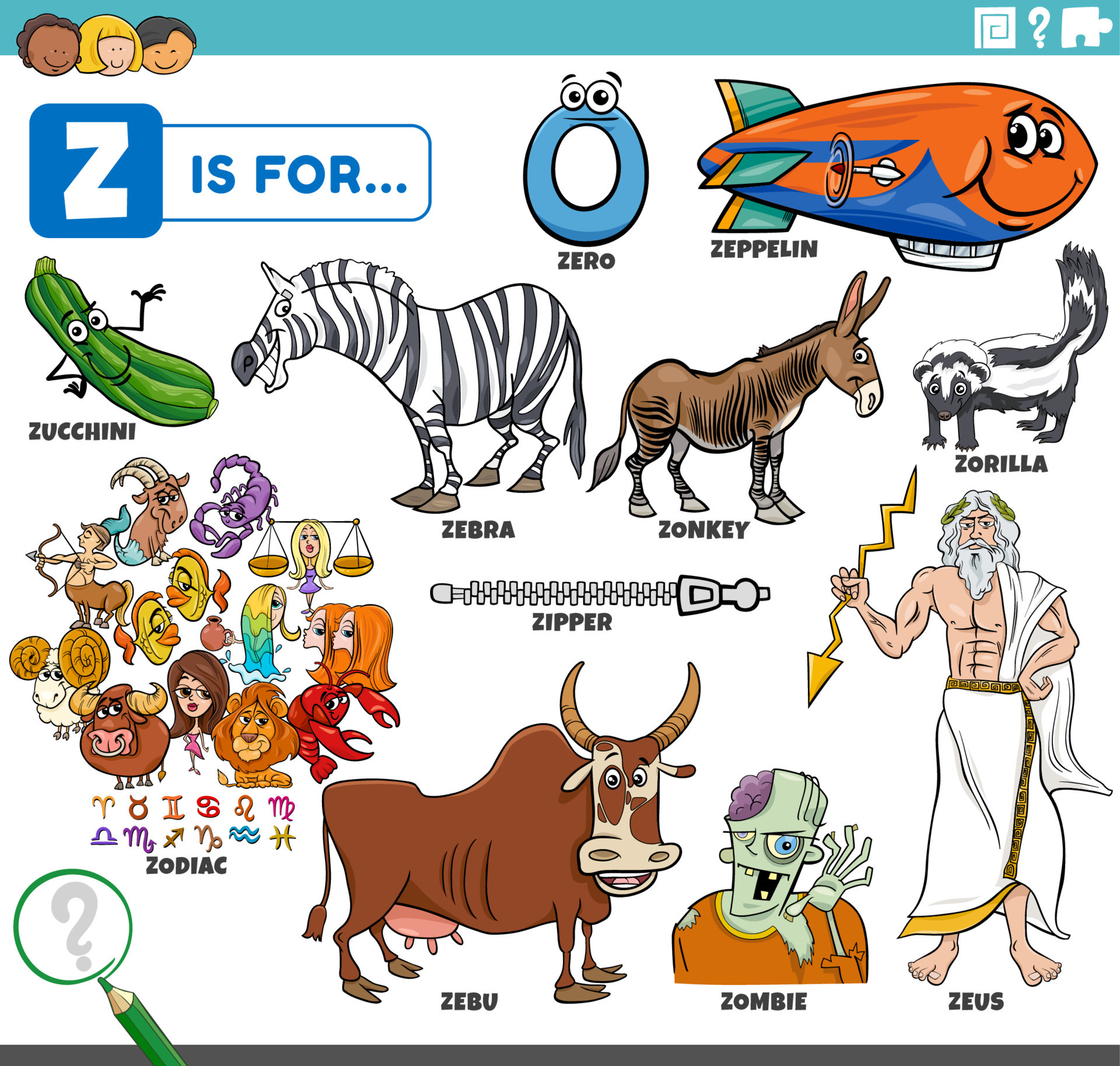 letter z words educational set with cartoon characters 9205755 Vector Art at Vecteezy letter z words educational set with cartoon characters 9205755 Vector Art at Vecteezy