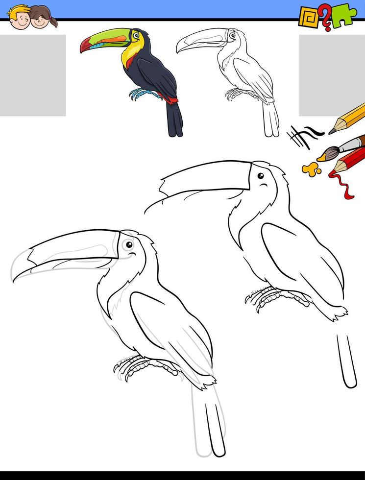 drawing and coloring task with toucan bird animal character vector