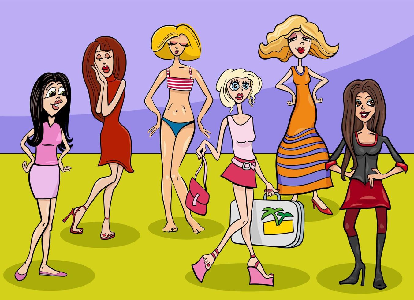 cartoon pretty girls or women characters group vector