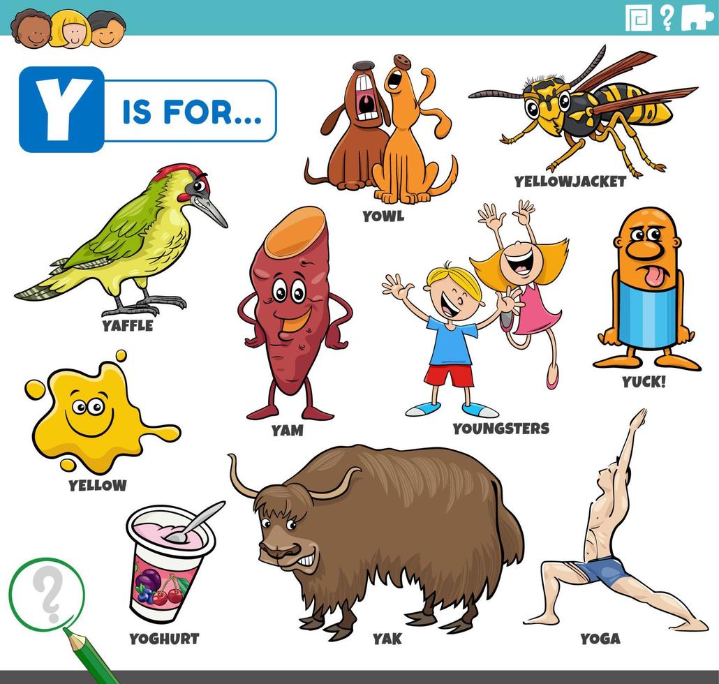conjunto educativo de letras y palabras con personajes de dibujos animados vector