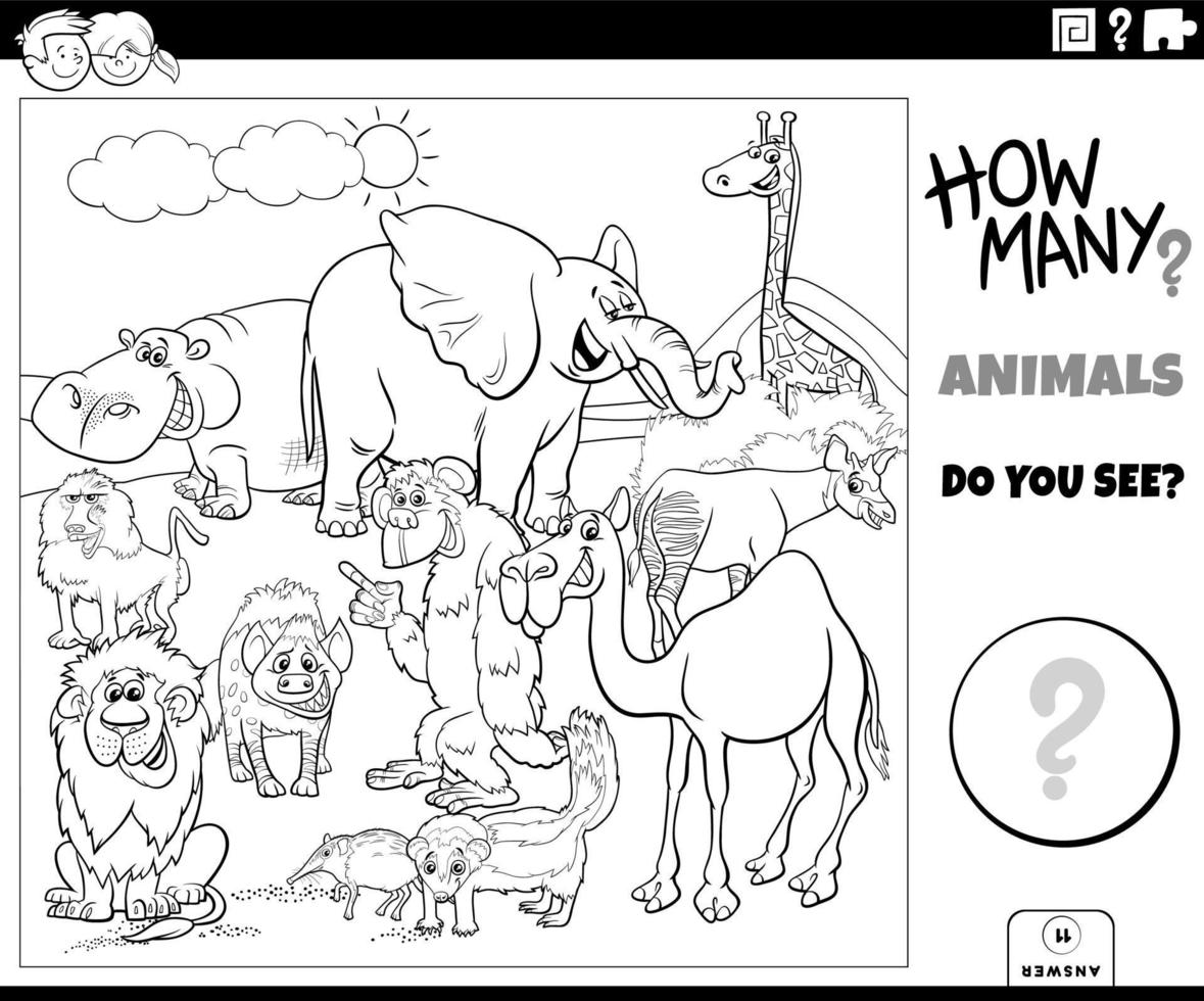 counting cartoon animals educational game coloring page vector