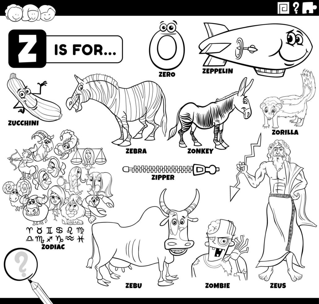 letra z palabras conjunto de dibujos animados educativos página para  colorear 9205790 Vector en Vecteezy