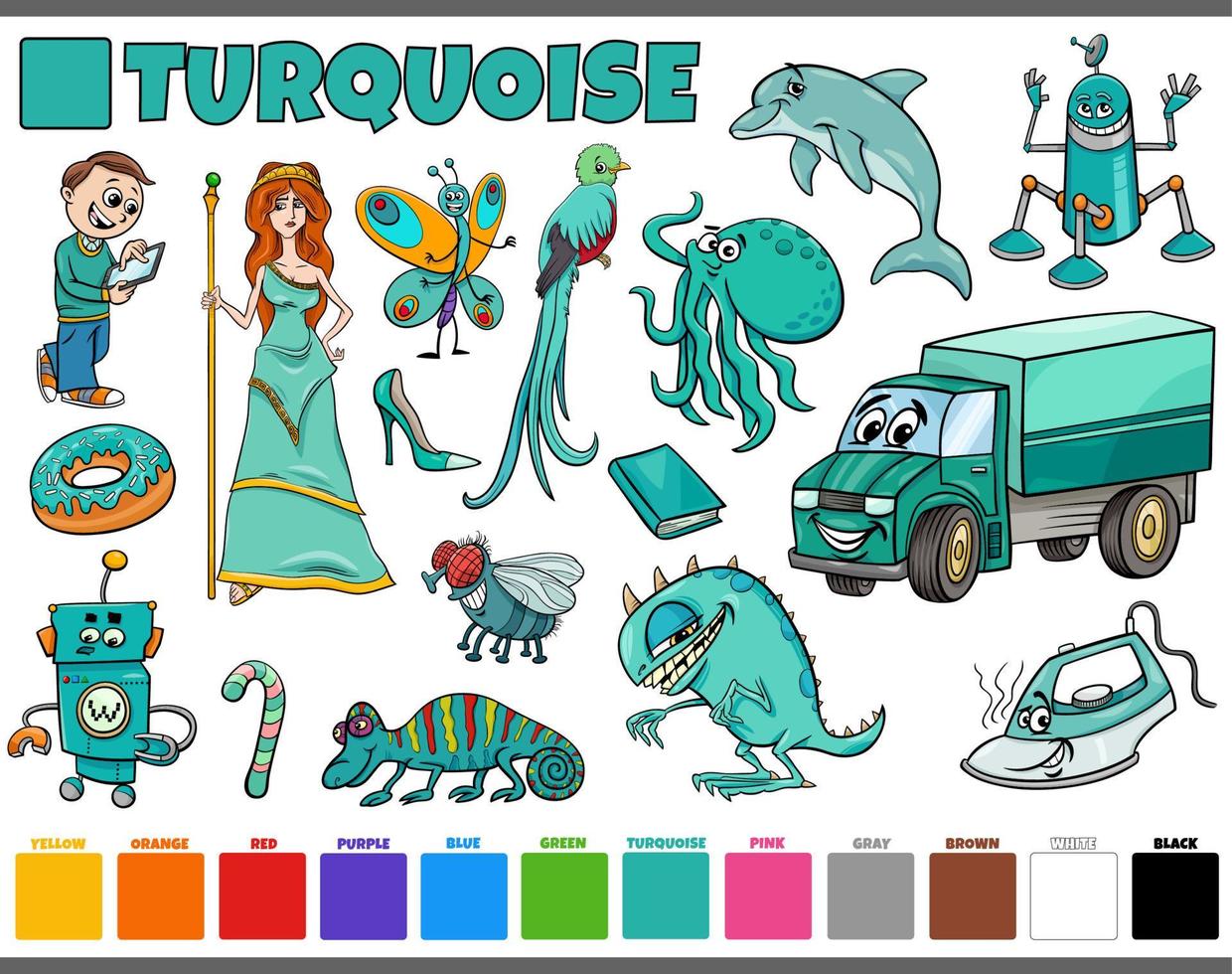 set with cartoon characters and objects in turquoise vector