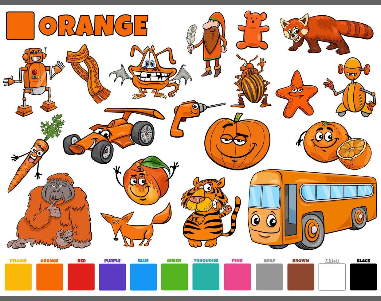 set with cartoon characters and objects in orange vector