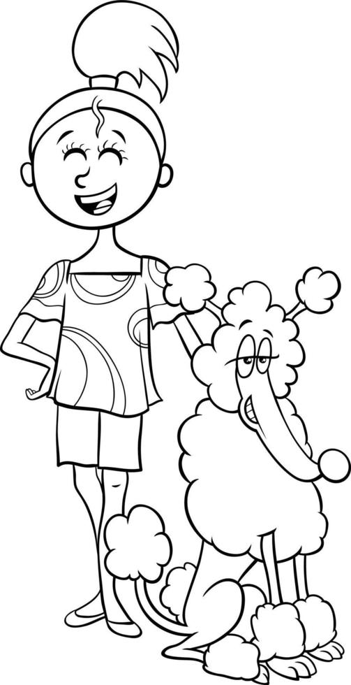 cartoon teen girl with poodle dog character coloring page vector