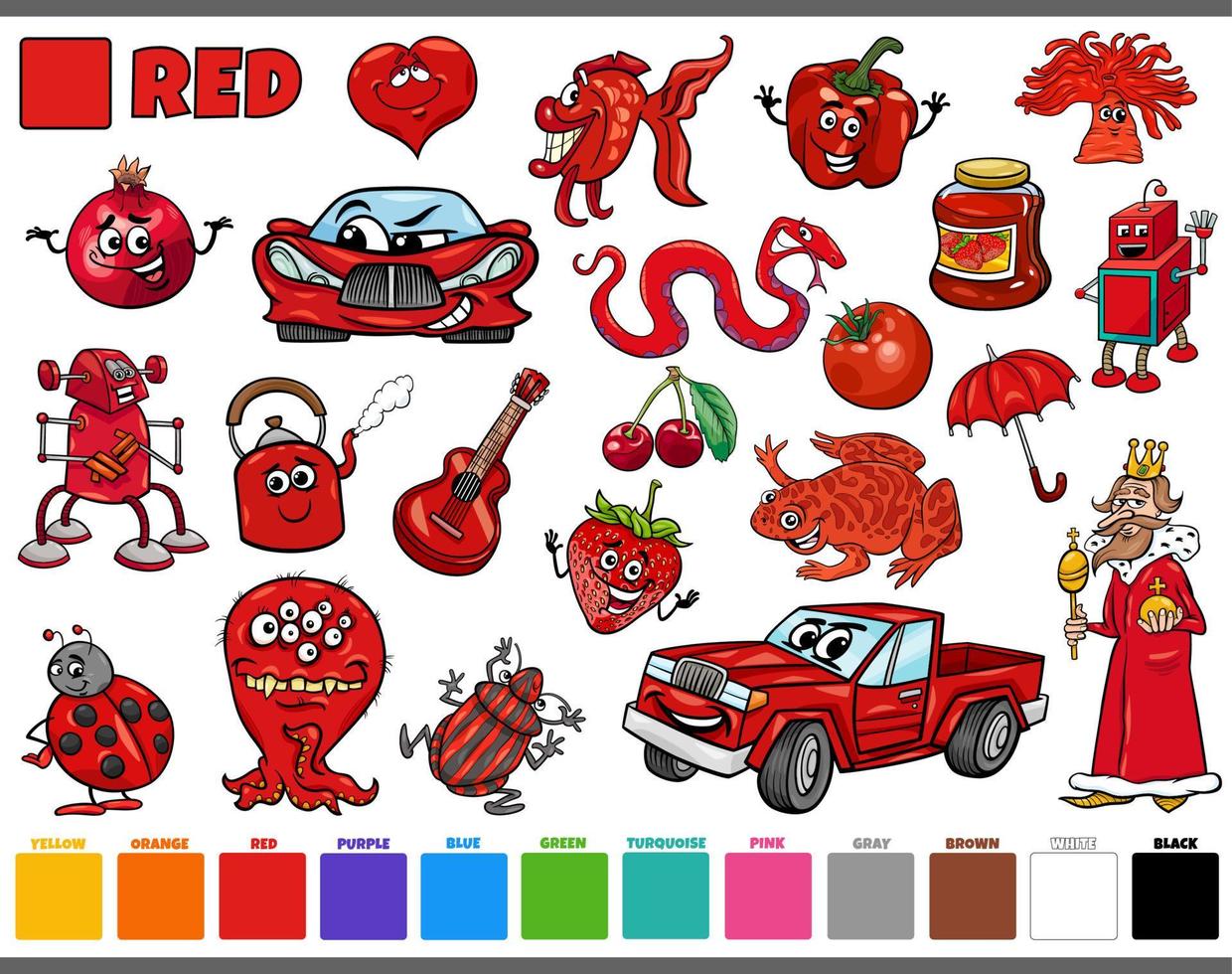 set with cartoon characters and objects in red vector