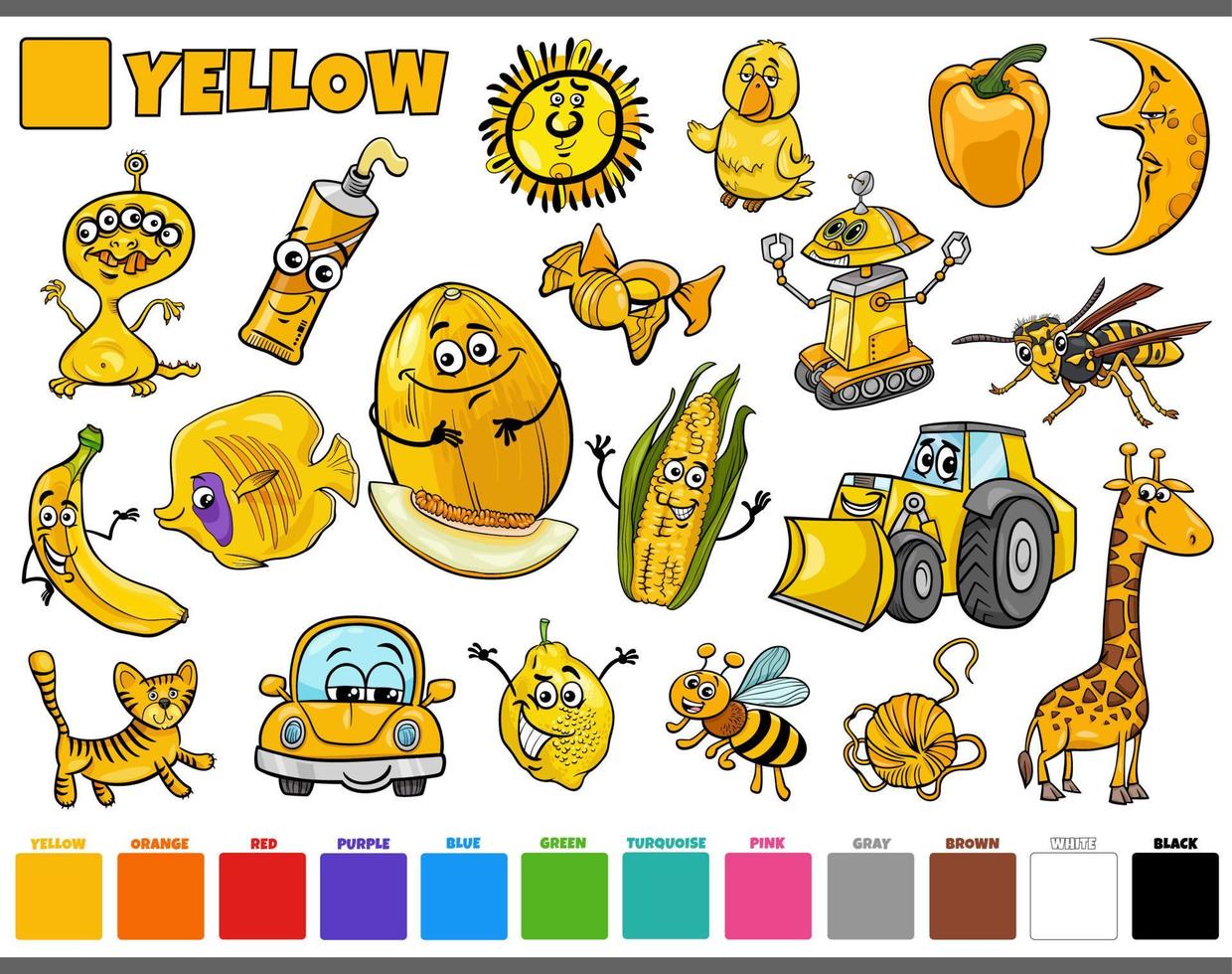 set with cartoon characters and objects in yellow vector