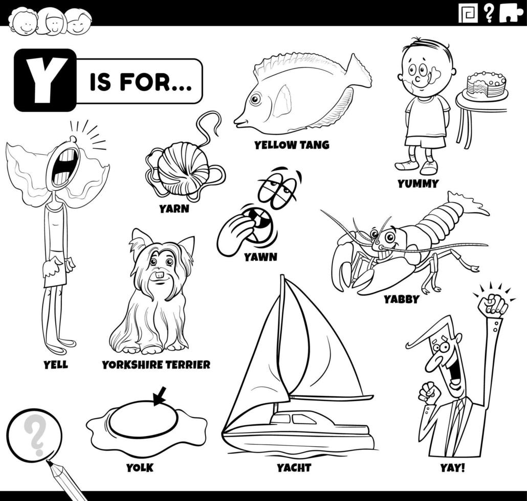 letter y words educational cartoon set coloring page vector
