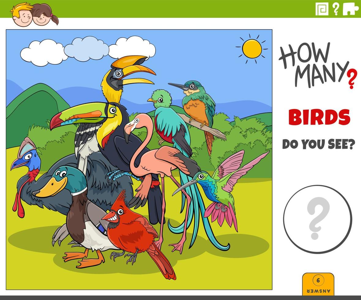 how many cartoon birds educational game for children vector