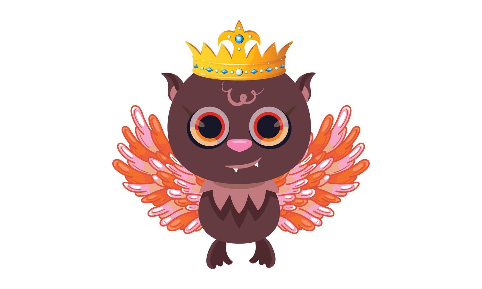 Cute cartoon bird character with its beautiful wings and crown, vector illustration on white background