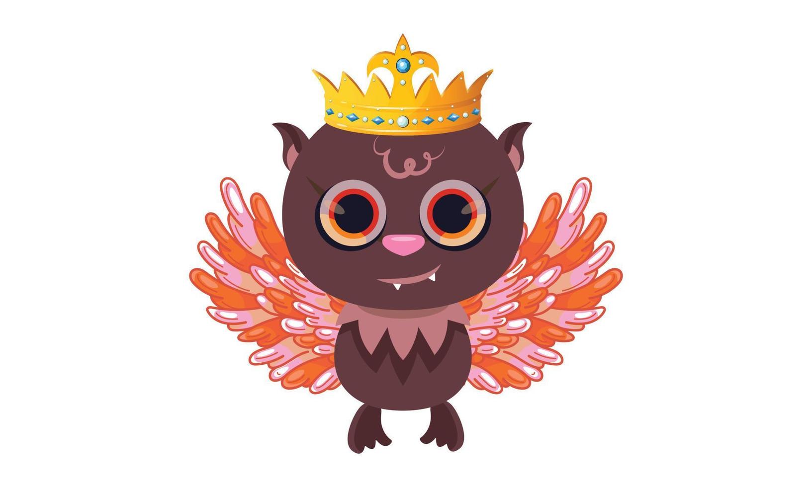 lindo personaje de pájaro de dibujos animados con sus hermosas alas y corona, ilustración vectorial sobre fondo blanco vector