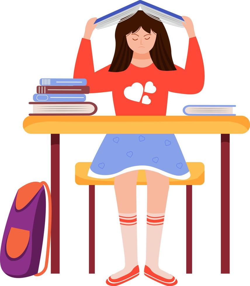 Female child overloaded with homework semi flat color vector character