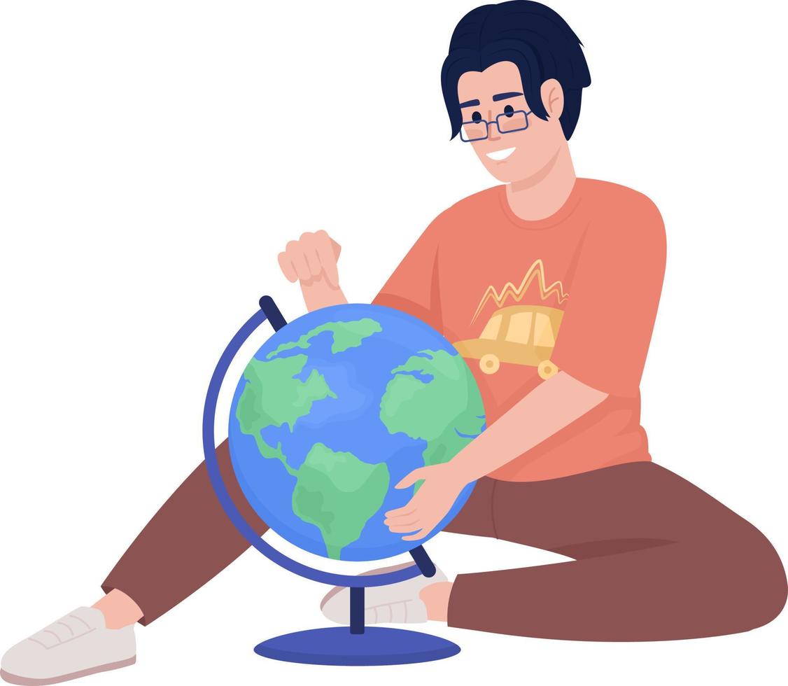 Smiling boy studying world globe semi flat color vector character. Editable figure. Full body person on white. Learning about geography. Cartoon style illustration for web graphic design and animation