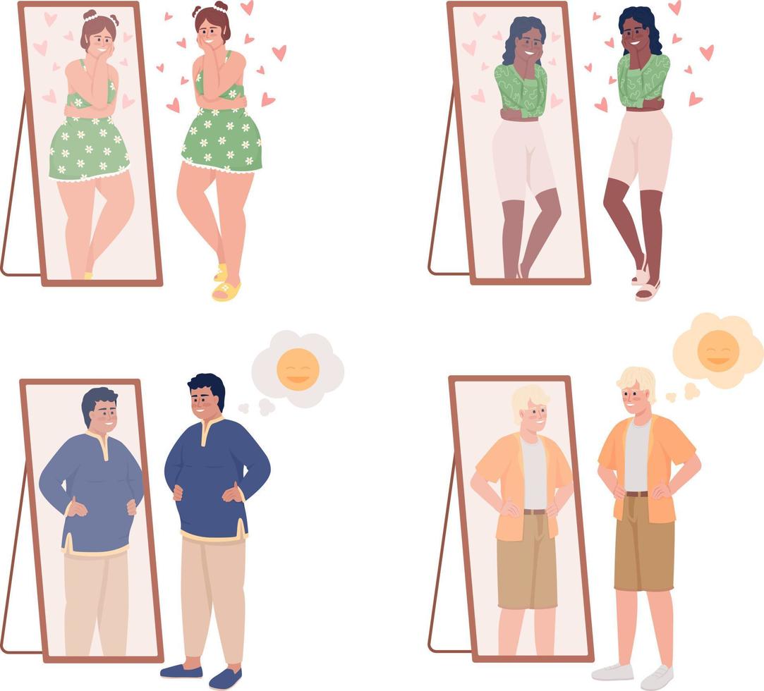 personas con buena autoestima conjunto de caracteres vectoriales de color semiplano. figura editable. personas de cuerpo completo en blanco. ilustración de estilo de dibujos animados simple de amor propio para diseño gráfico web y paquete de animación vector