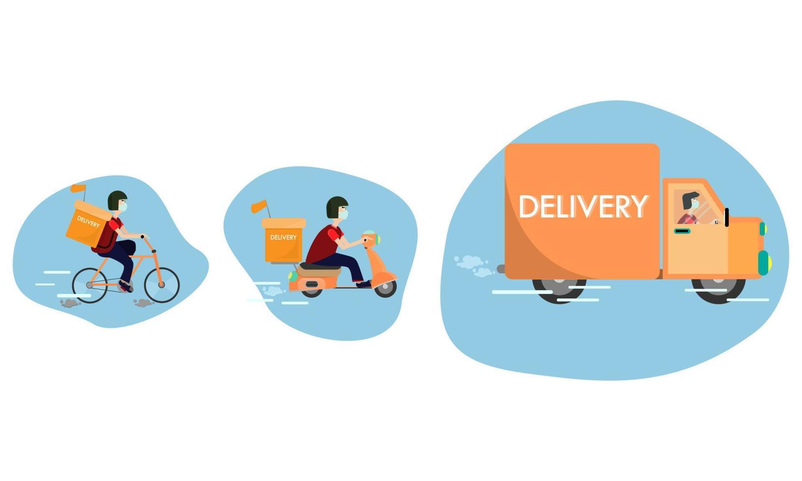 Delivery service, online shopping, home delivery, delivery by motorcycle , Shipped by truck, delivered by bicycle vector