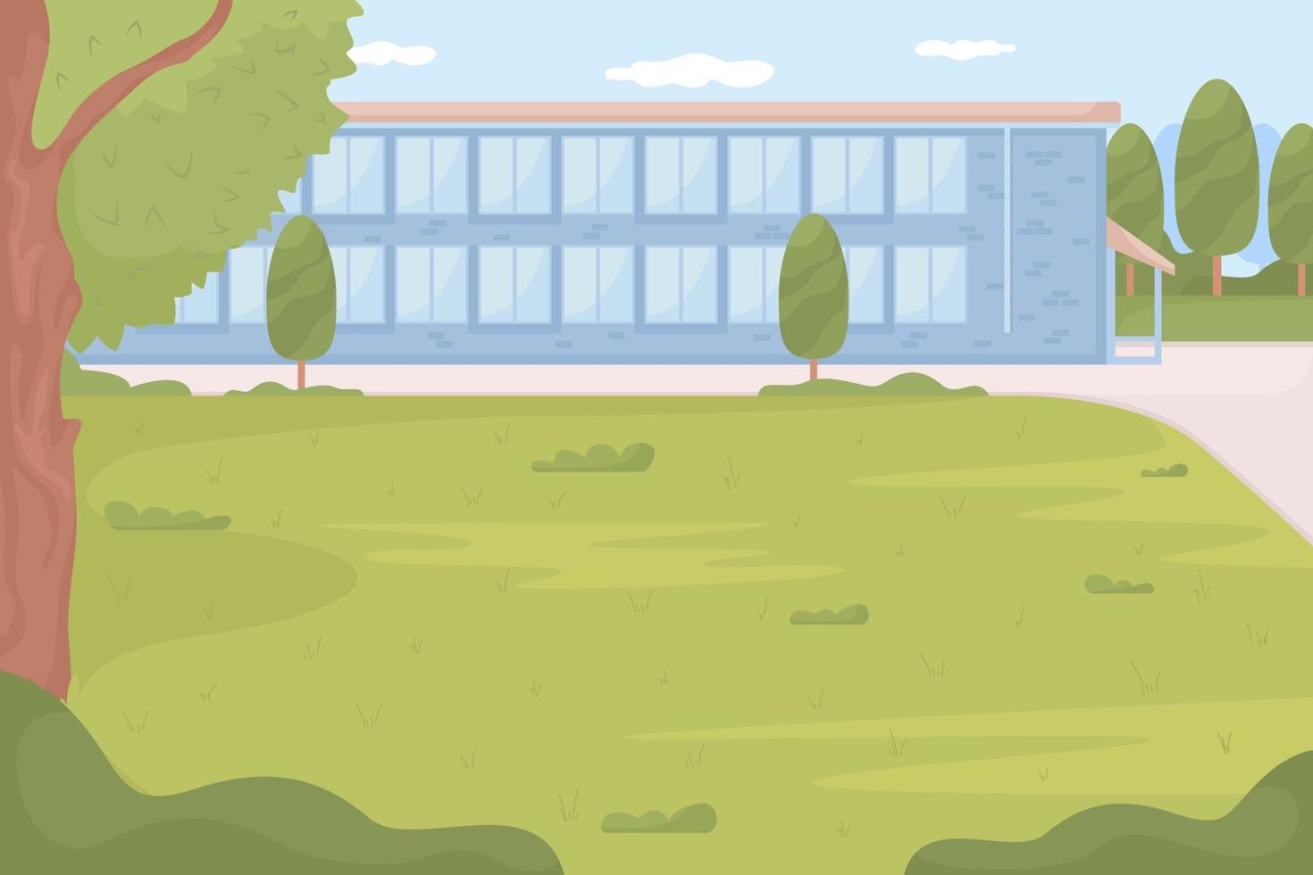 escuela secundaria rodeada de ilustración de vector de color plano de patio verde