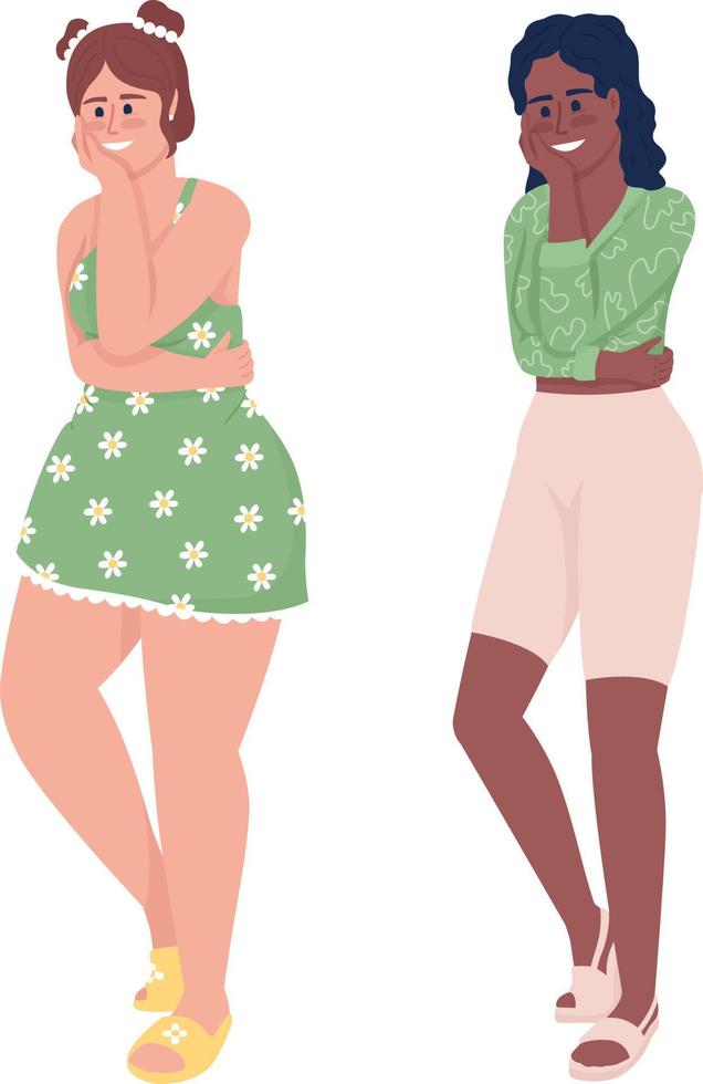 mujeres jóvenes abrazándose a sí mismas personajes vectoriales de color semiplano. figura editable. personas de cuerpo completo en blanco. ilustración de estilo de dibujos animados simple para diseño gráfico web y colección de animación vector