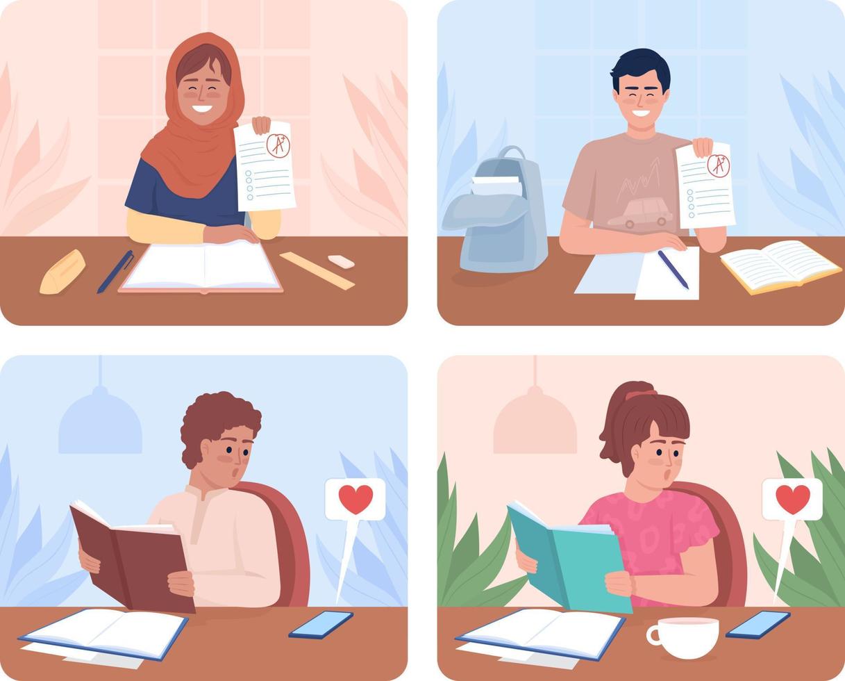 Increasing productivity for good marks 2D vector isolated illustration set. Easily distracted students flat characters on cartoon background. Colourful editable scene collection for mobile, website