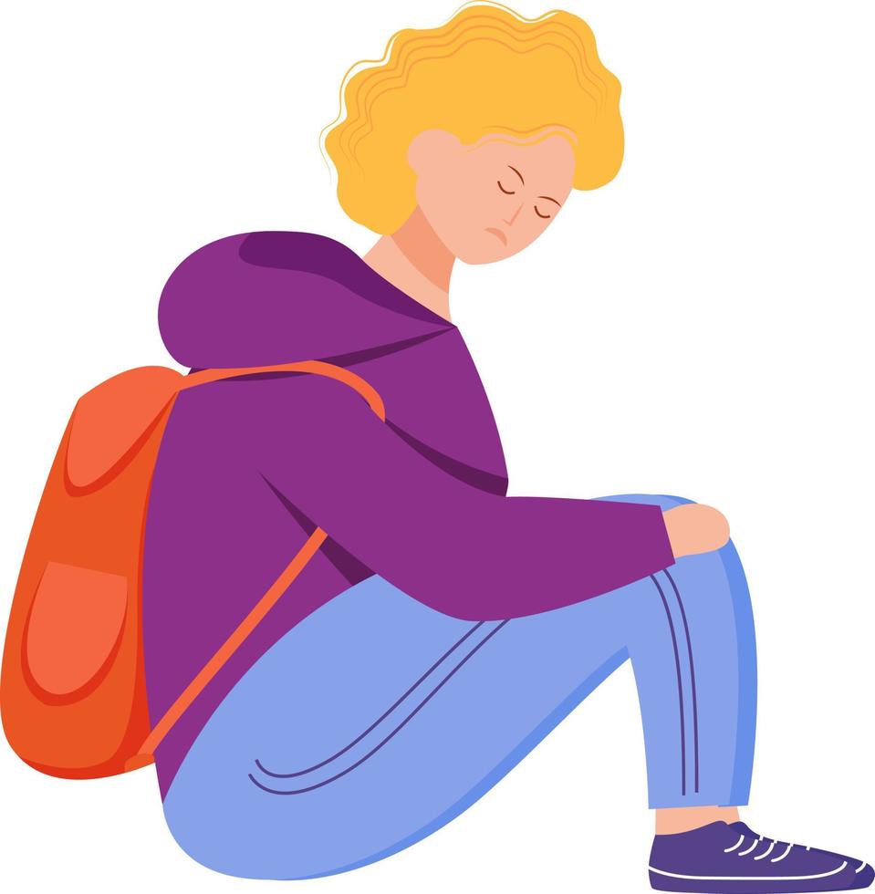 Blonde adolescent struggling with depression semi flat color vector character