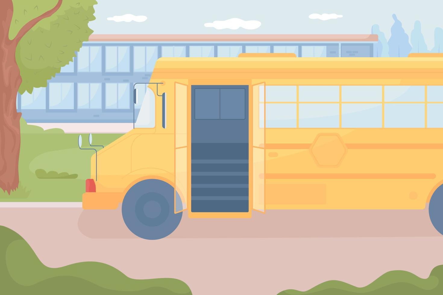 autobús escolar amarillo esperando cerca de la escuela ilustración vectorial de color plano vector