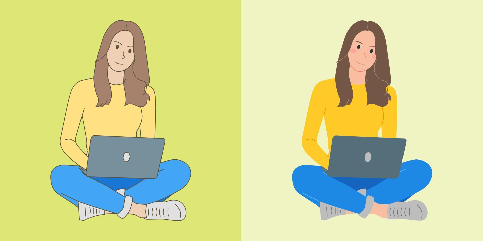 beautiful smiling young woman studying with notebook while sitting in lotus pose, with flat and outline style illustrations vector