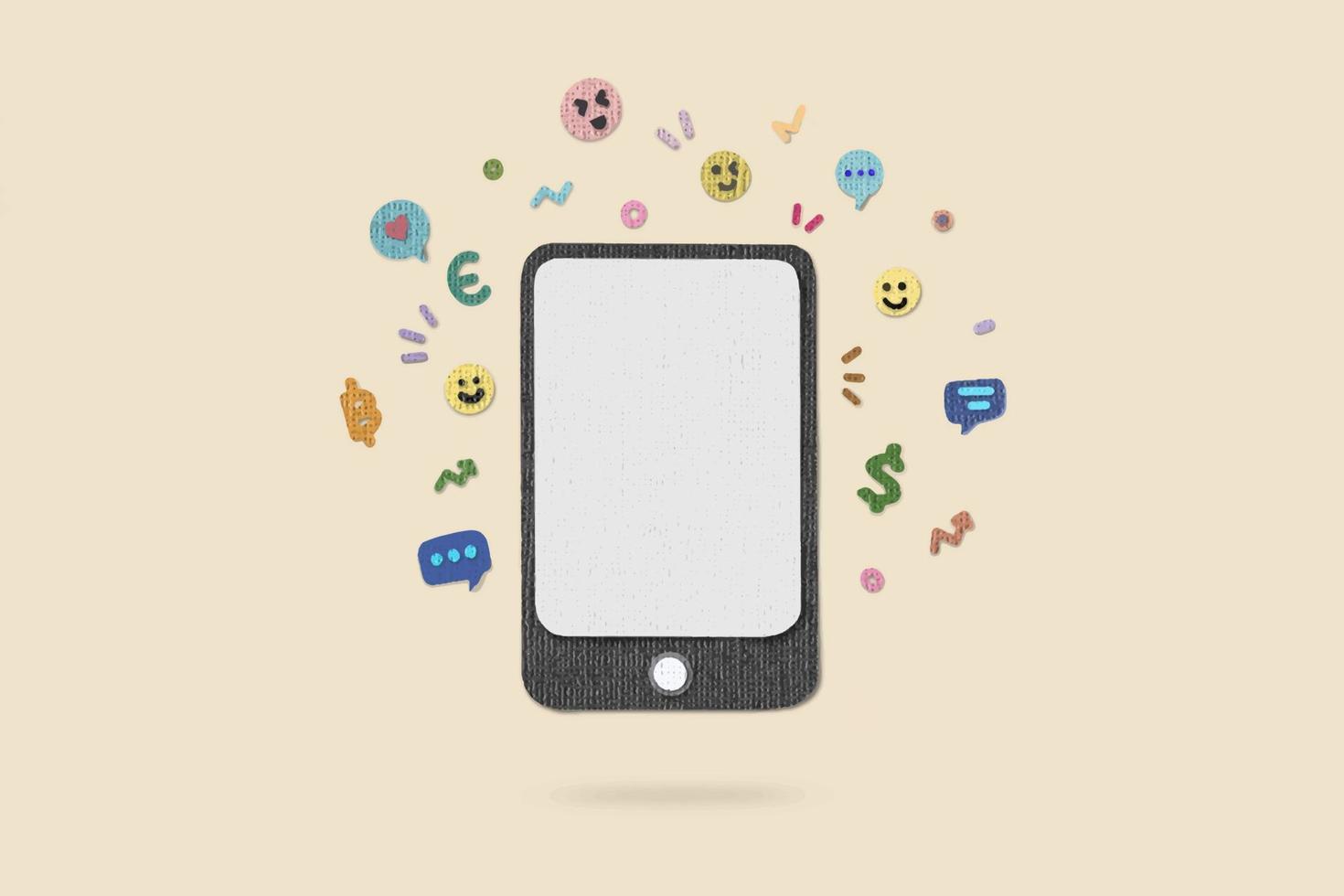 Smartphone with social media and technology such as love, like, comment icon paper cut art texture style. vector
