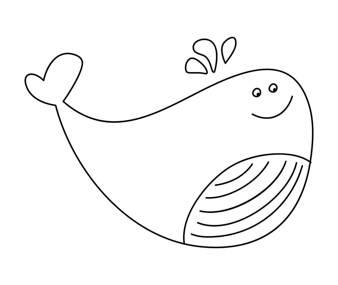 Vector hand drawn monoline childish simple flat whale. Scandinavian style on a white background. Cute baby animal. Great for fabric, giftwrap scrapbooking, package, poster card