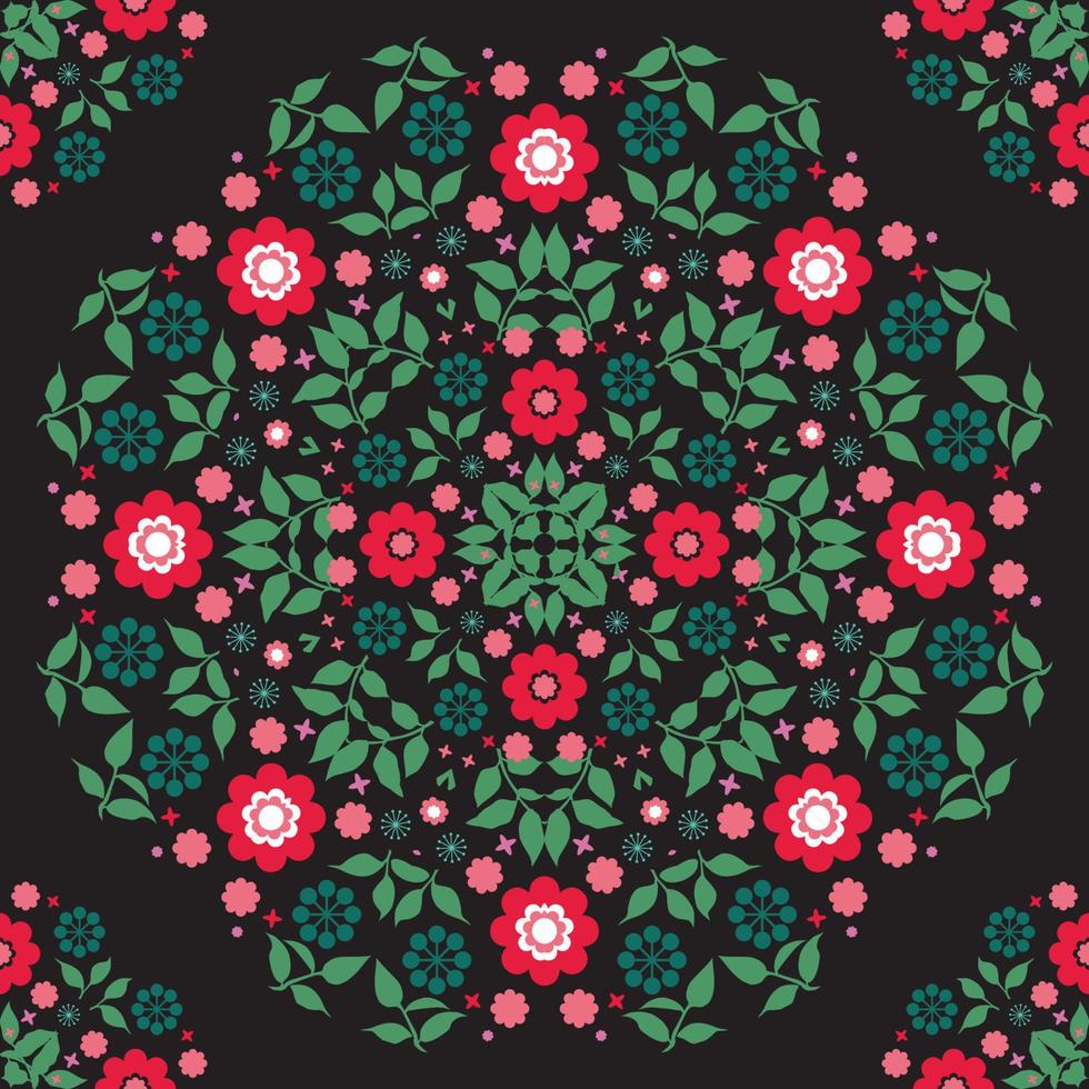 Flowers at black background, floral seamless pattern in folk style vector