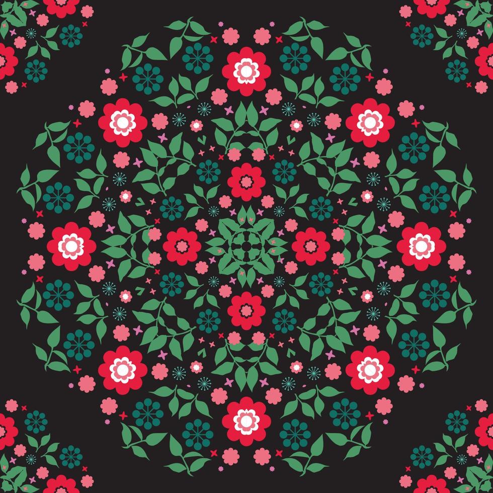 flores en fondo negro, patrón floral sin fisuras en estilo popular vector