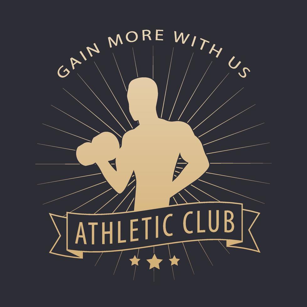 gain more with us emblem, logo with posing bodybuilder, vector illustration