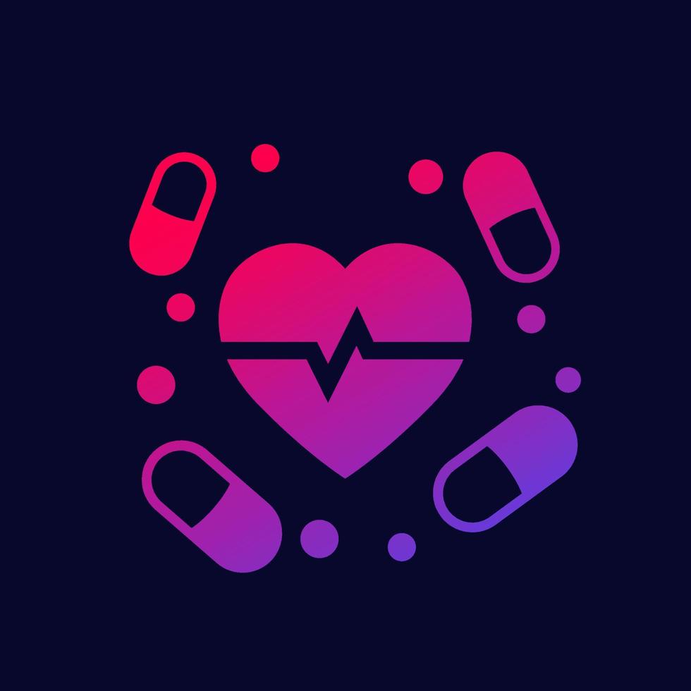 pills and heart, cardiac medication icon vector