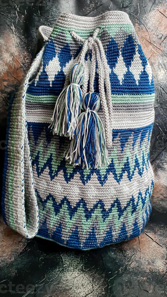 Handmade bags. Knitted from colored threads. Volumetric and comfortable to wear with a long handle. photo